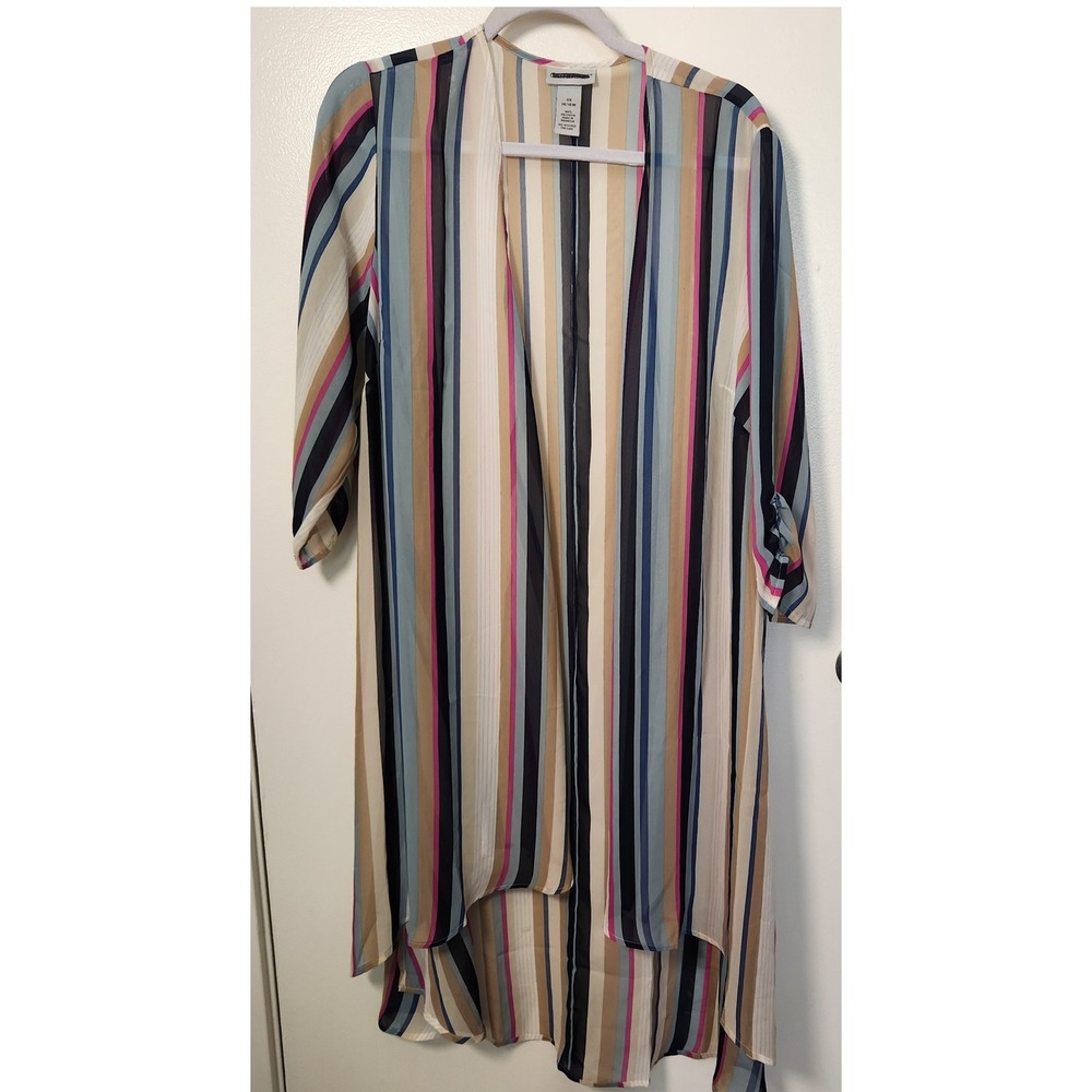 Sheer Striped Women's Waterfall Duster Open Ruched 3/4 Sleeves‎ 14/16W 0X